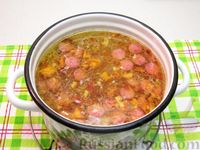 Сырный суп с копчёными колбасками, картофелем и рисом