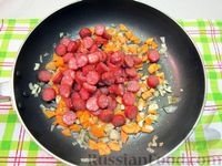 Сырный суп с копчёными колбасками, картофелем и рисом